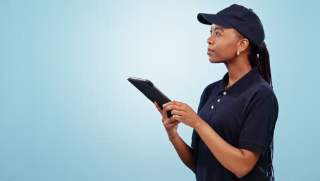 tablet, checklist and black woman with delivery