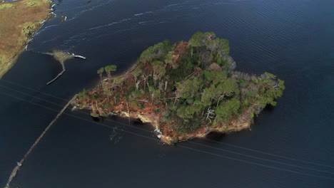 dynamic top-down aerial shot of pine island in connemara national park.