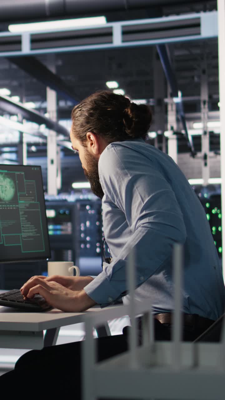 Vertical video Anxious technicians in data center reacting to system lockdown caused by hacker