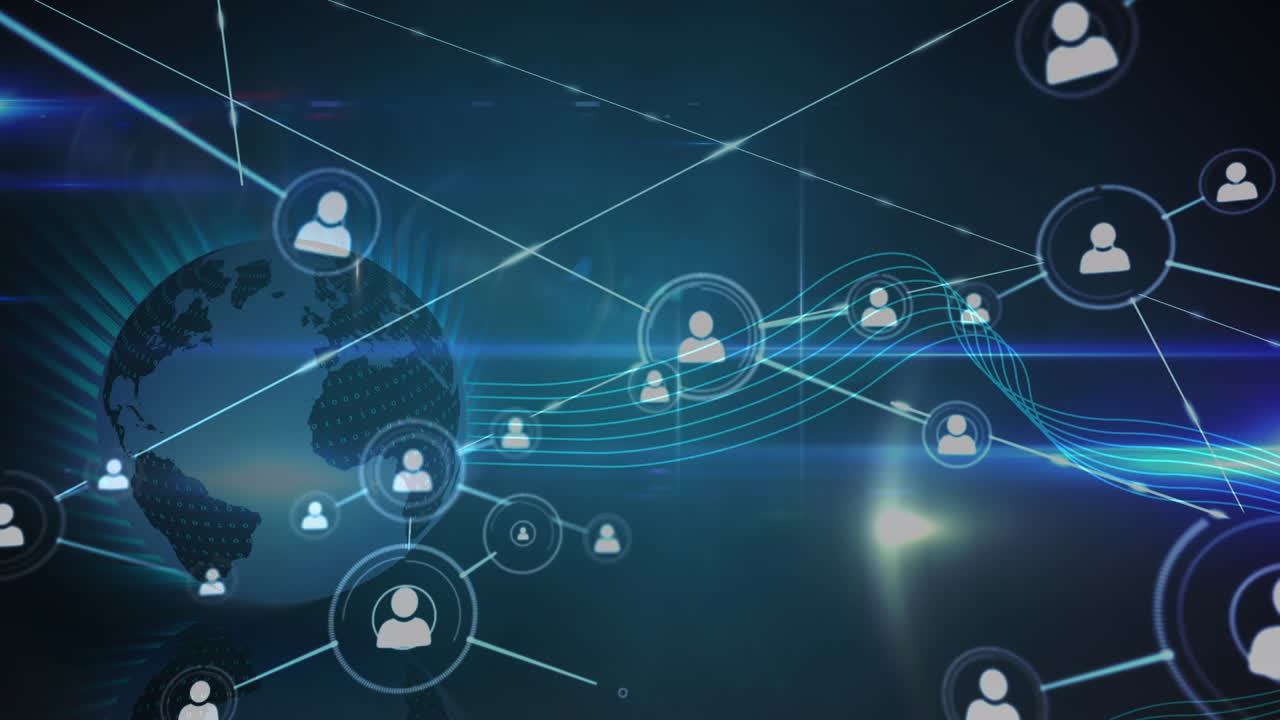 Animation of network of connections with people icons over globe on dark background