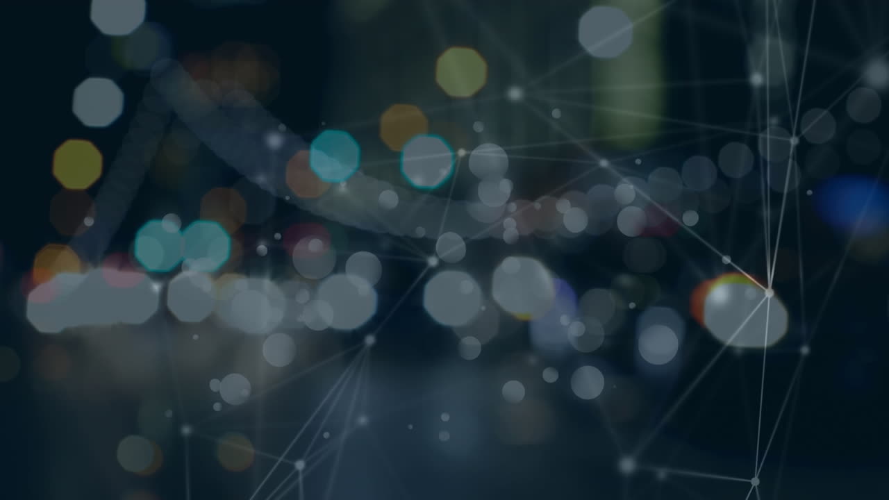 Animation of network of connections over glowing lights on dark background
