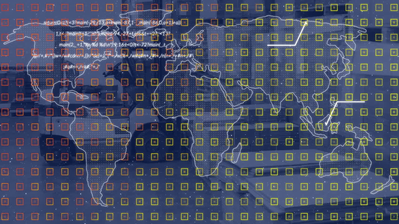 animación del procesamiento de datos con un patrón sobre el mapa del mundo en el fondo