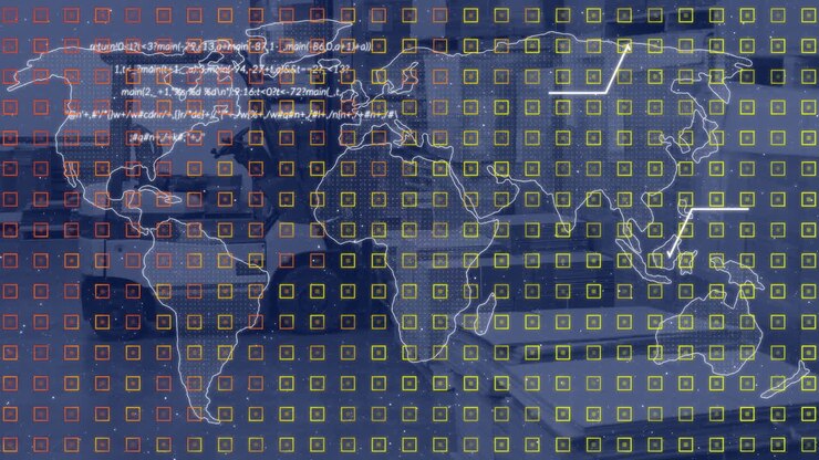 Animation of data processing with pattern over world map in background