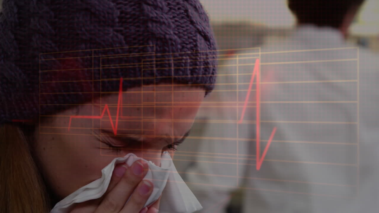 una mujer soplando la nariz sobre un monitor de latidos cardíacos en el fondo.
