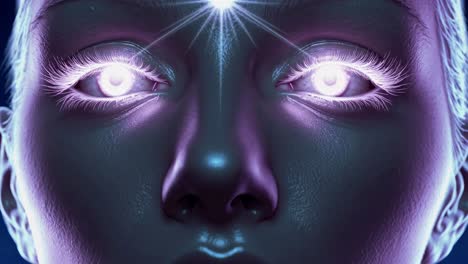 close-up video still of a futuristic, glowing face with illuminated eyes, captured from a frontal