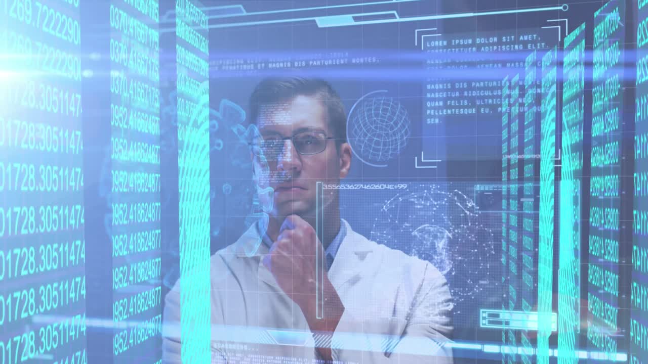 animación del procesamiento de datos con células de virus sobre un médico caucásico