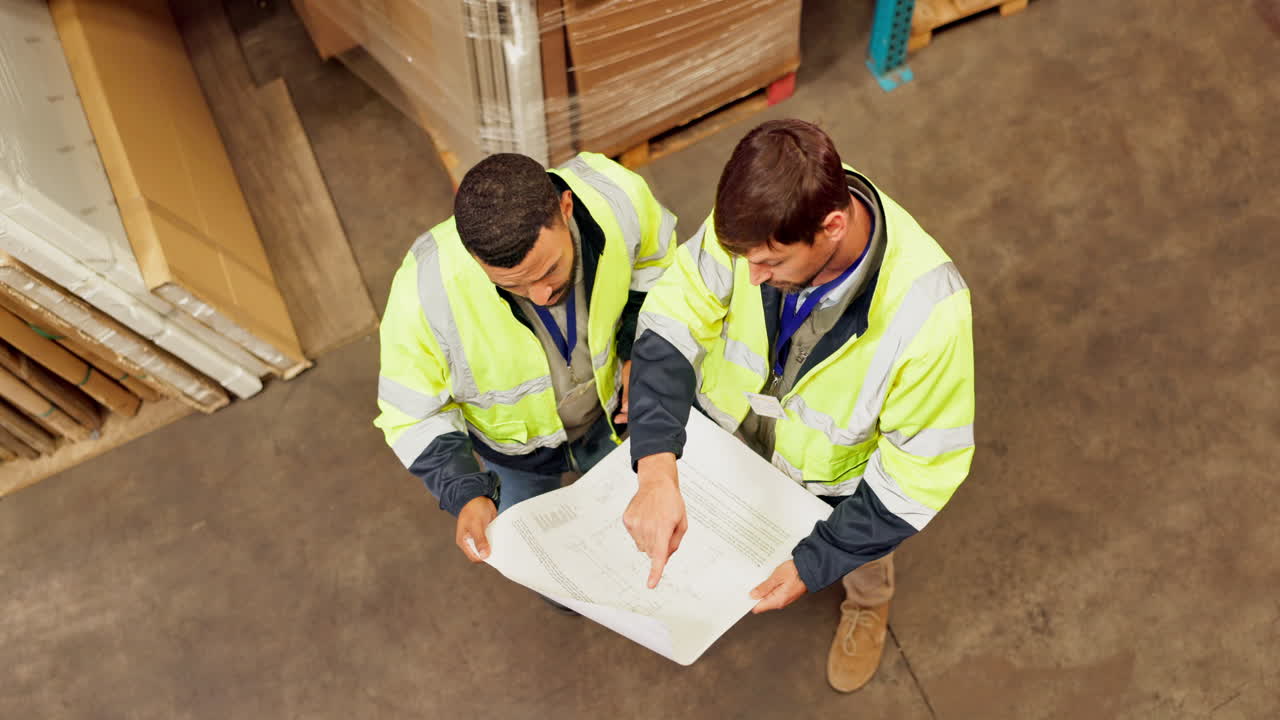 Warehouse workers reviewing blueprint