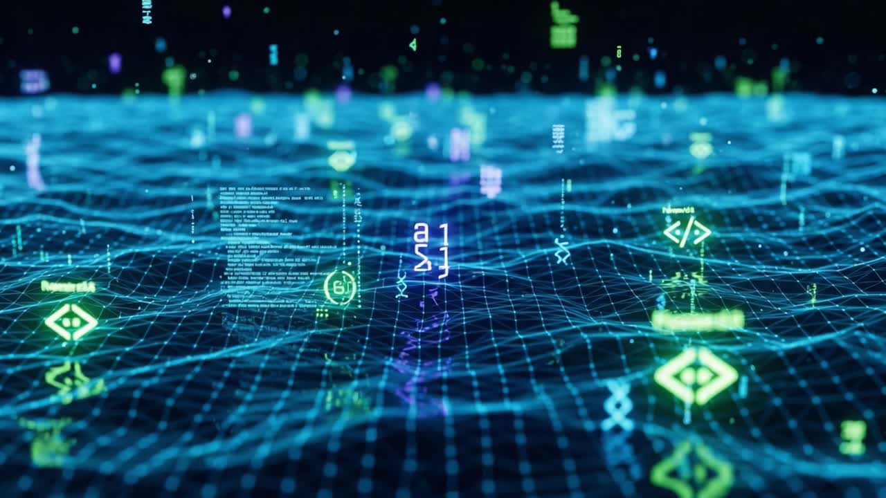A Dynamic Visualization of Abstract Data Waves with Floating Symbols and Codes, Representing the Intersection of Technology and Information Flow in a Digital Landscape