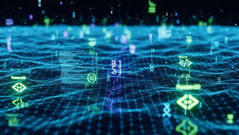 a dynamic visualization of abstract data waves with floating symbols and codes, representing the intersection of technology and information flow in a digital landscape