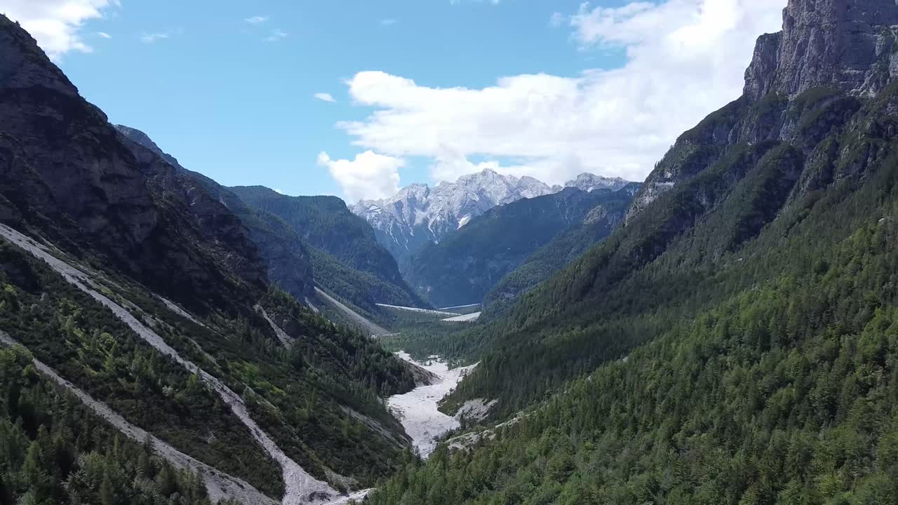 majestuoso valle forestal de los alpes, drone aéreo vuela hacia atrás vista