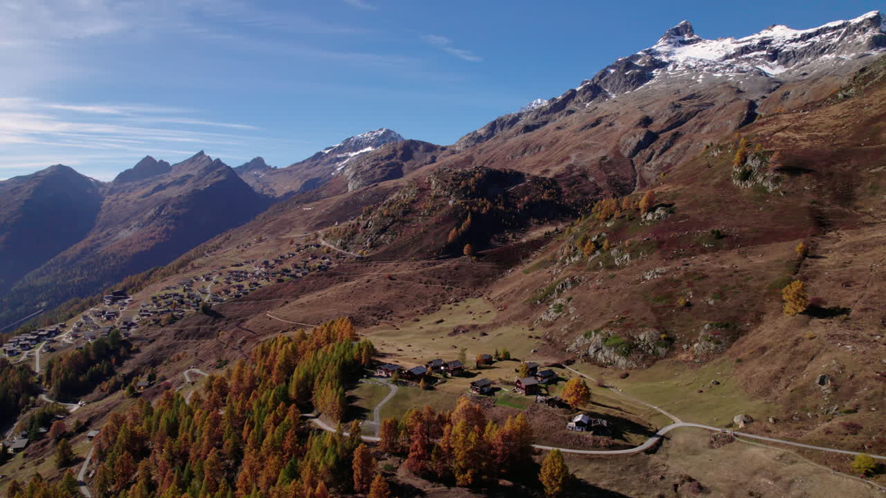 Aerial of conifer trees on a mountain in autumn, Lötschental, Switzerland