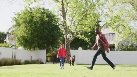 Glücklicher-Afroamerikanischer-Vater-Und-Sein-Sohn-Spielen-Fußball-Im-Garten