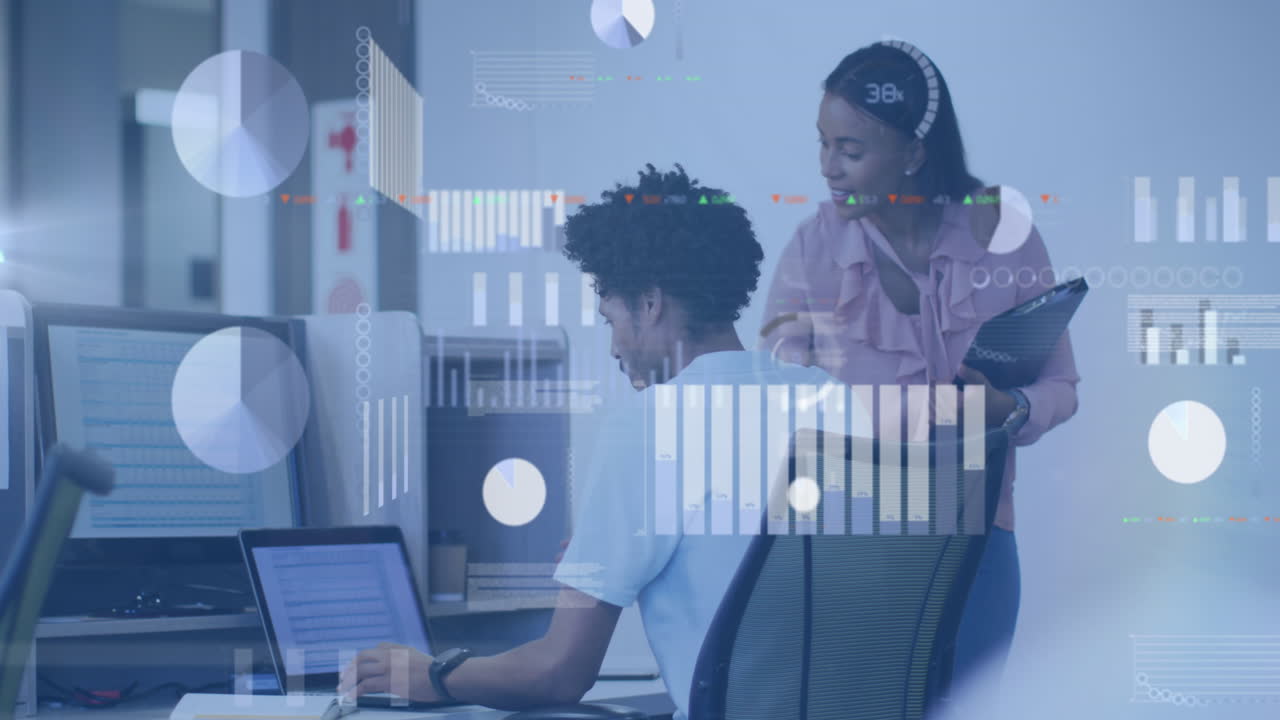 Animation of statistics and data processing over diverse business people in office