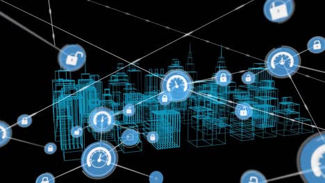 animación de la red de conexiones con iconos sobre el dibujo de la ciudad en 3d