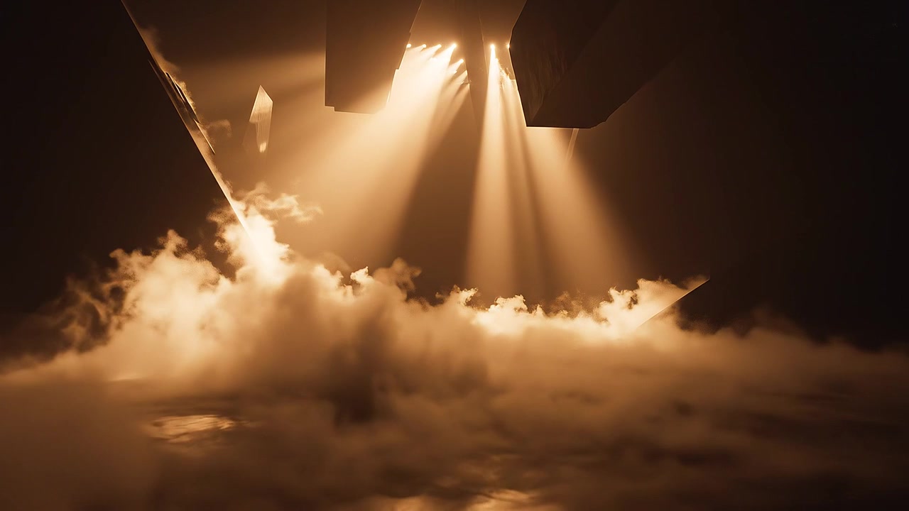 Raggi di luce drammatici attraverso la nebbia in una stanza buia
