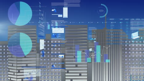 animation of financial data processing over cityscape