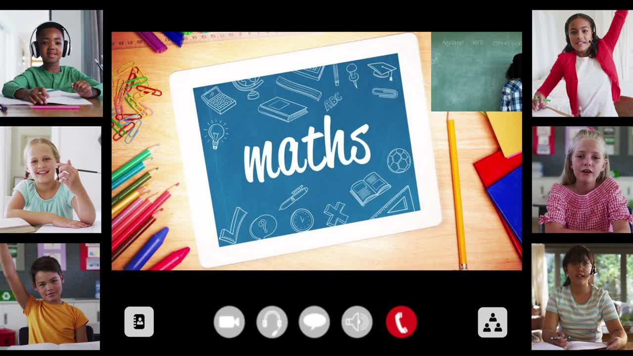 Animation of interface screen with text, maths, teacher and six diverse children in online lesson