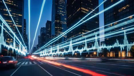 dynamic cityscape at night: capturing the pulse of urban life with vibrant light trails and audio waveforms representing the energy and movement in a modern metropolis