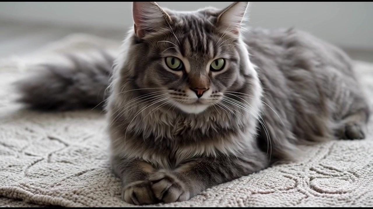 Maine Coon kat plejer sig selv, mens den ligger på et tæppe