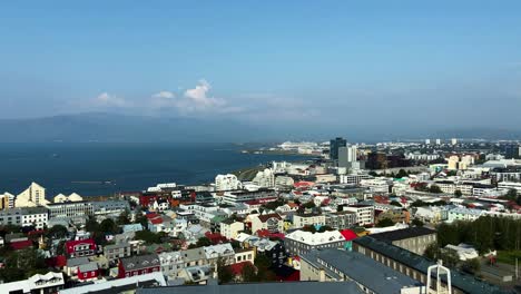 Aerial-panorama-of-downtown-Reykjavik-with-colorful-houses-and-mountains-in-the-background