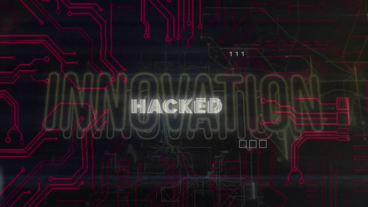 glitching screen with drifting bits hacked text scrambling flickering pulsing signaling breach