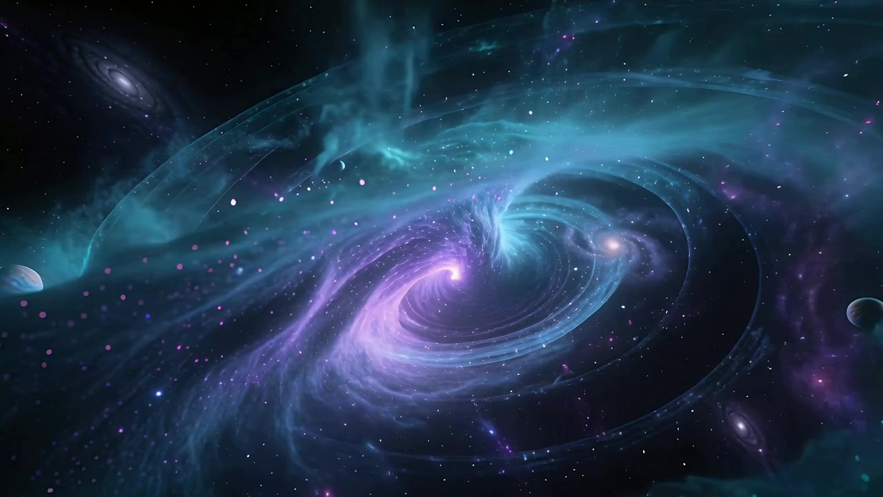 Nebulosa a spirale che ruota, attirando nastri turchesi e polvere verso l'interno dopo un bagliore del nucleo viola nello spazio.