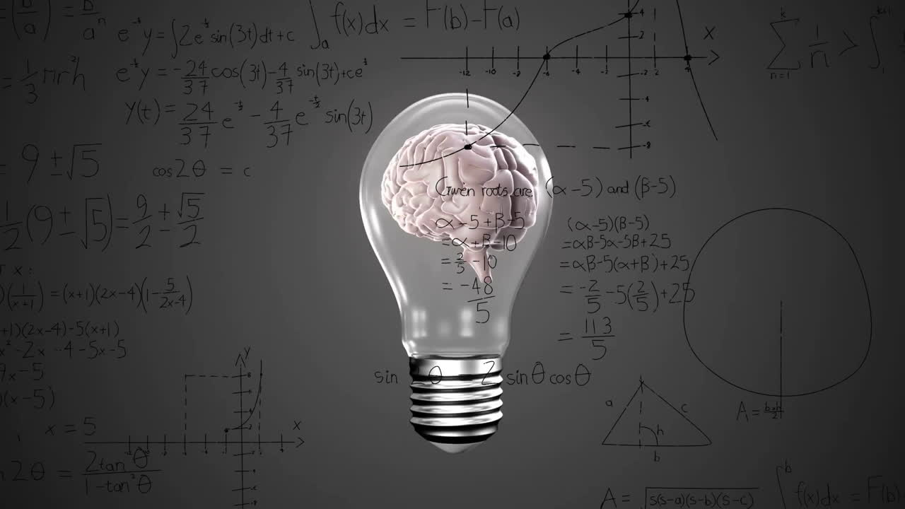 animación del procesamiento de datos matemáticos sobre el cerebro humano en una bombilla