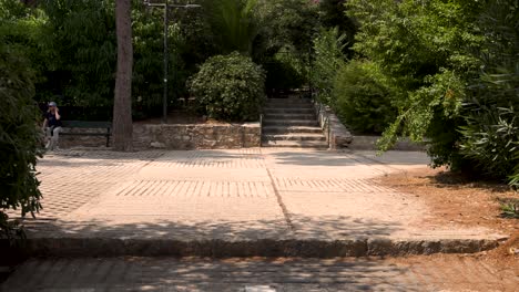 persona caminando en un entorno de jardín sereno