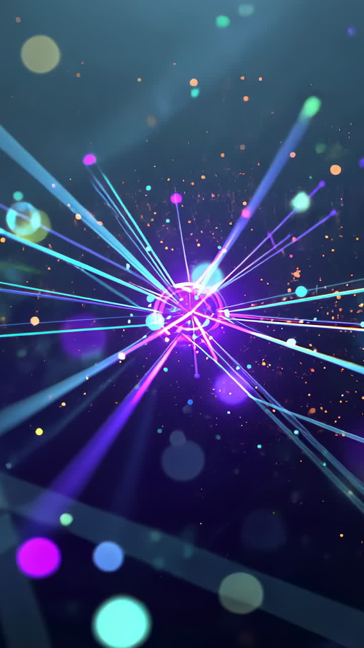 Vertical video: Pulsing core sending radial rays, sparks and bokeh in space, forming spoked network