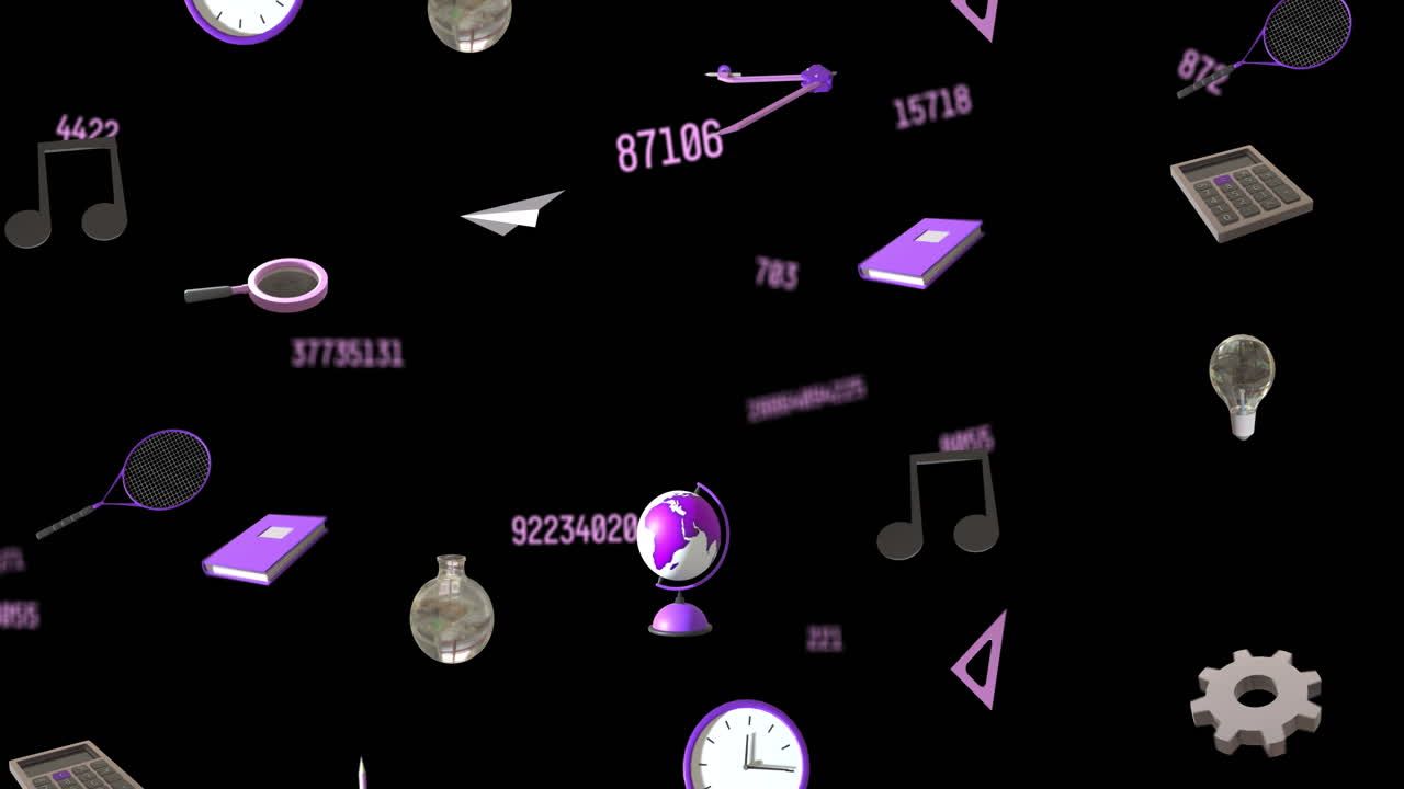 animación de iconos educativos con números sobre fondo negro