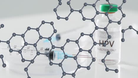 Modelo-De-Estructura-Molecular-Sobre-Jeringa-Y-Vial-De-Vacuna-Contra-El-VPH