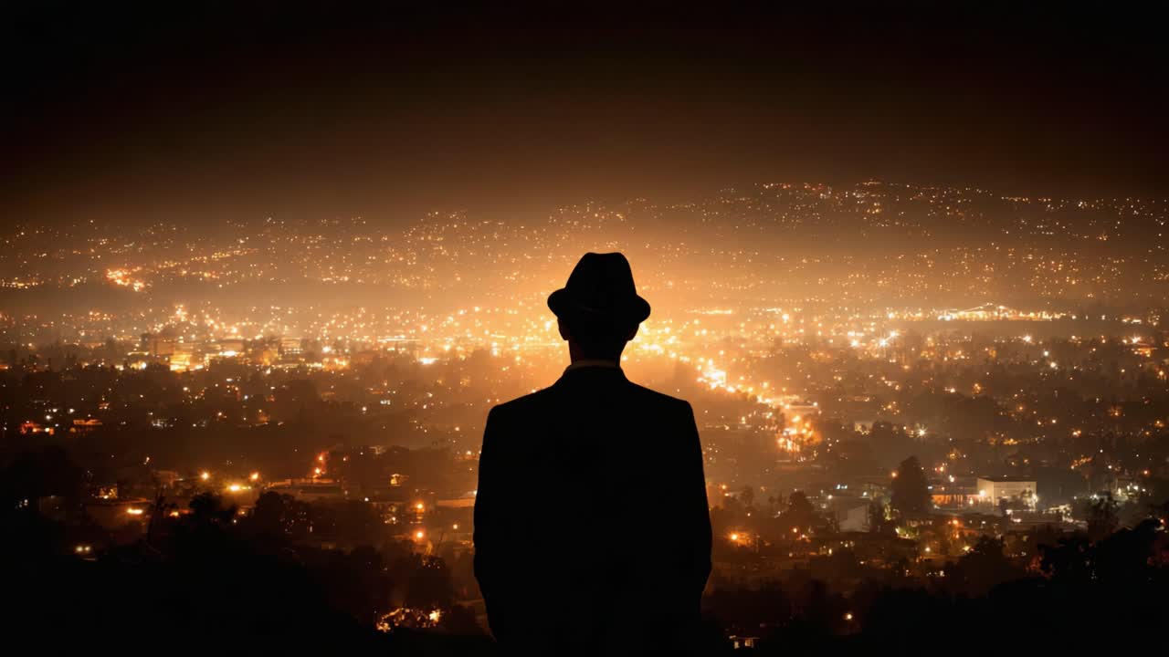 Uma figura misteriosa contempla uma paisagem urbana: uma cena noturna que captura a persona enigmática contra um deslumbrante plano de fundo urbano