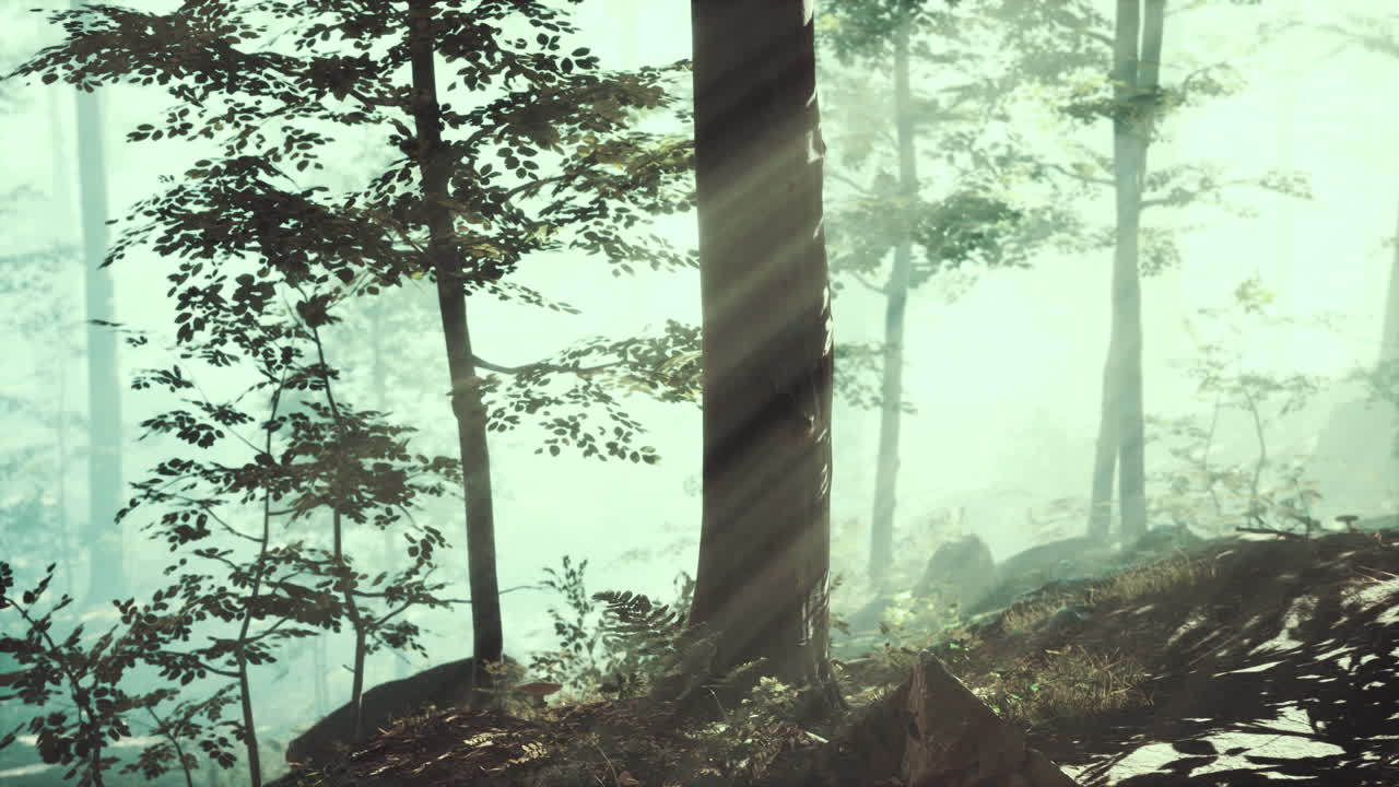rays of sunlight falling into a misty forest