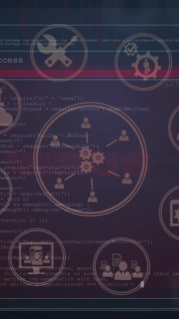 Animation of digital data processing over network of icons
