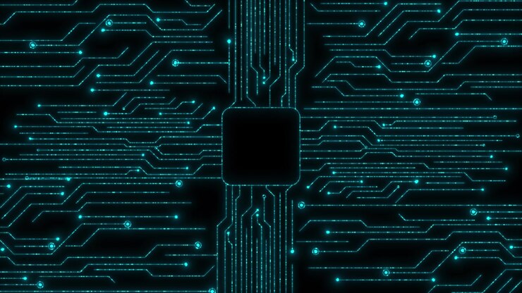 Visuale di scheda microchip luminosa con tracce di circuito ciano, centro processore nero e tecnologia brillante.