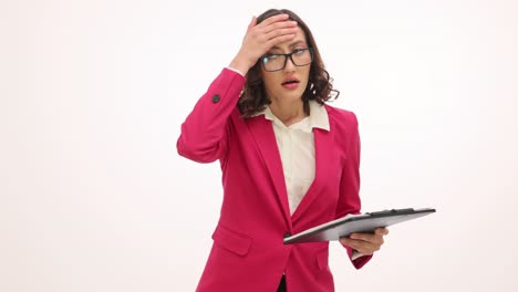 stressed businesswoman looking worried while holding a clipboard