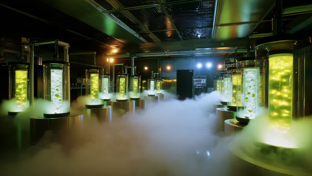 A captivating view of a futuristic lab filled with glowing, vibrant glass containers, illuminated by soft lights and enveloped in mist, creating an atmosphere of scientific exploration and discovery