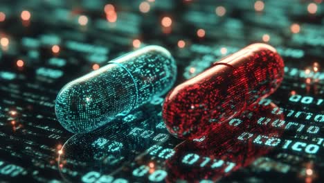 colorful capsules on digital background. two vibrant capsules, blue and red, sit on glowing binary code, showcasing tech innovation.