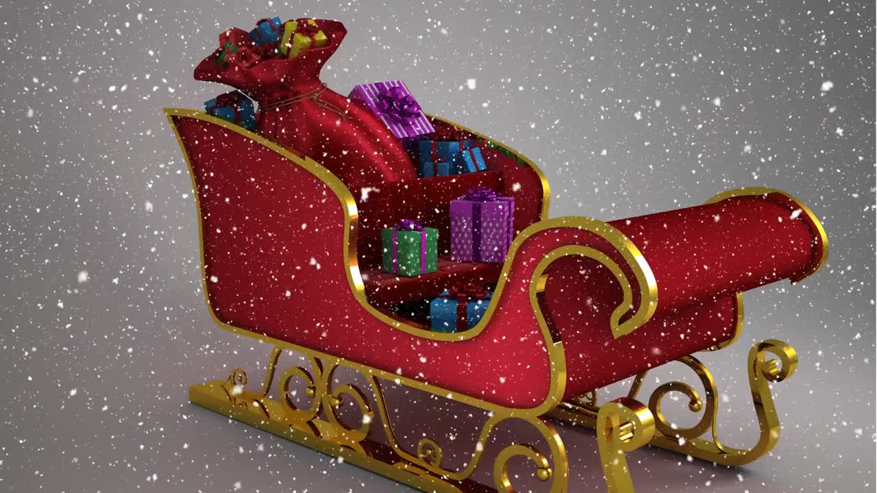 composición de video con nieve sobre el trineo de santa claus en 3d