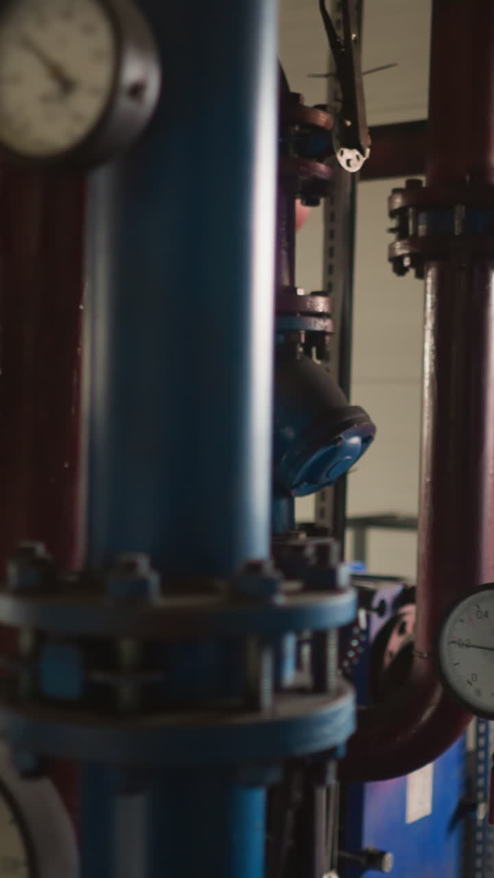 Metal pipelines with pressure meters on flanges distribute hot steam in boiler house closeup. Complicated system of heat producing in mechanical room