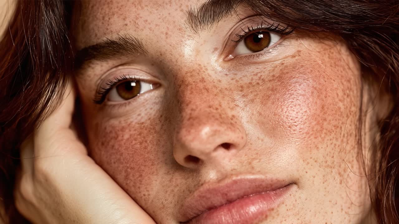 A Close-Up Portrait Capturing the Beauty of Natural Freckles and Serene Expressions in Soft Lighting with a Focus on Subtle Features and Emotions