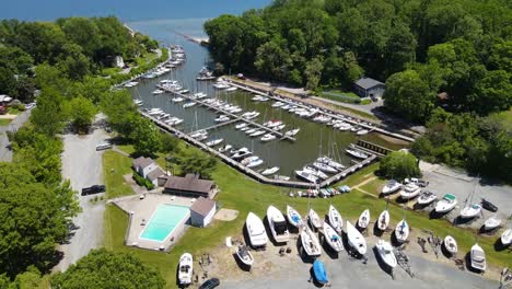 Aerial-footage-of-boats-docked-at-a-marina