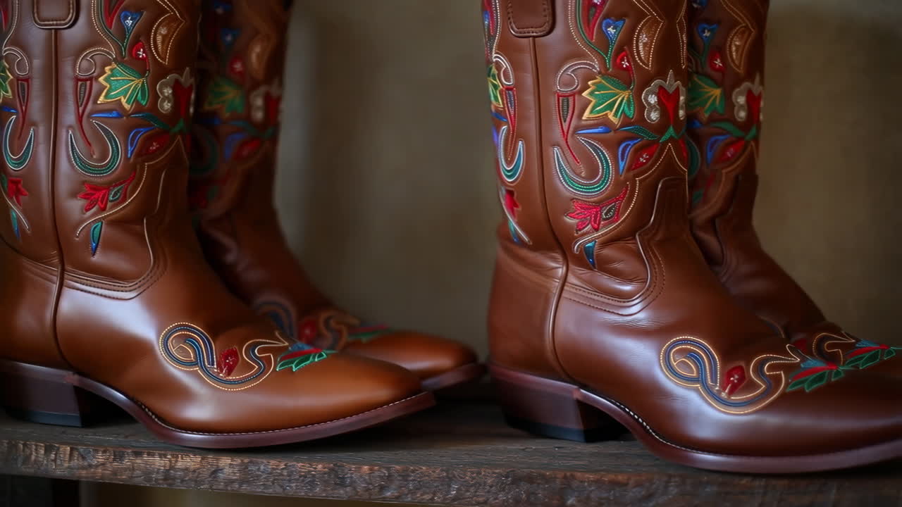 Close-up of Embroidered Cowboy Boots on Display