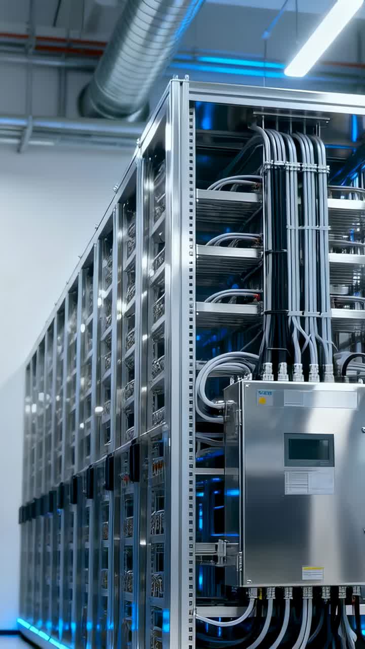 Vertical video: Moving camera revealing tall rack with power panel in data room, showing cable runs