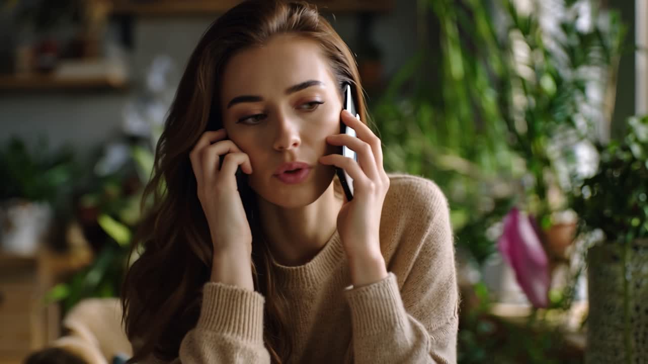 Giovane donna parla al telefono, calma e concentrata. Stanza accogliente con piante verdi, illuminazione calda. Maglione morbido, lunghi capelli castani, espressione dolce. Perfetta per affari, lifestyle.