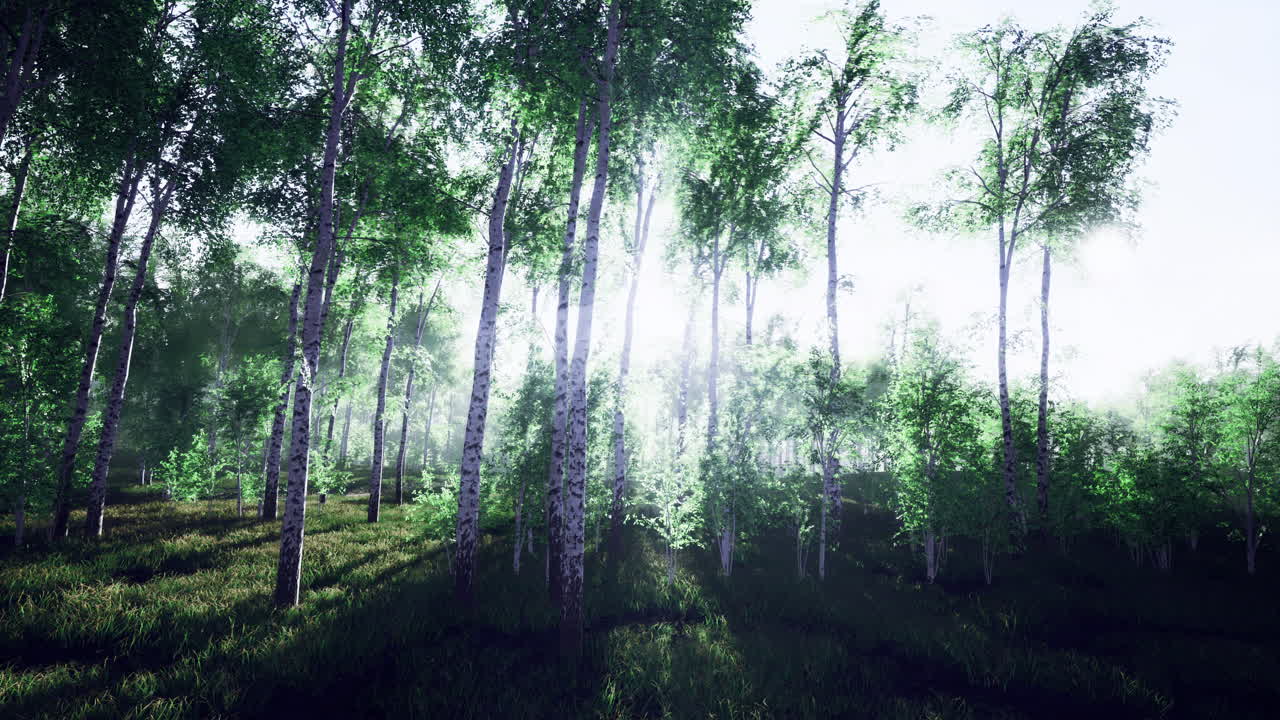 Sunlight filtering through a lush green forest during a tranquil morning