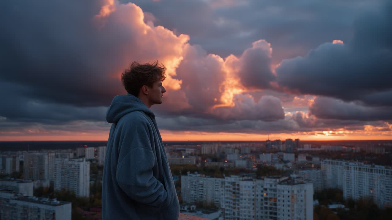 A Young Man Stands Contemplatively Against a Dramatic Sunset Over a City Skyline, Embraced by Vast Clouds and Urban Serenity