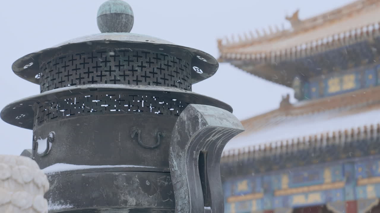 real shot of snow scene incense burner in the Imperial hall standing traditional architecture, Forbidden Historic ancient buildings City. Chinese on plague Ancient royal palace Hall of Supreme Harmony