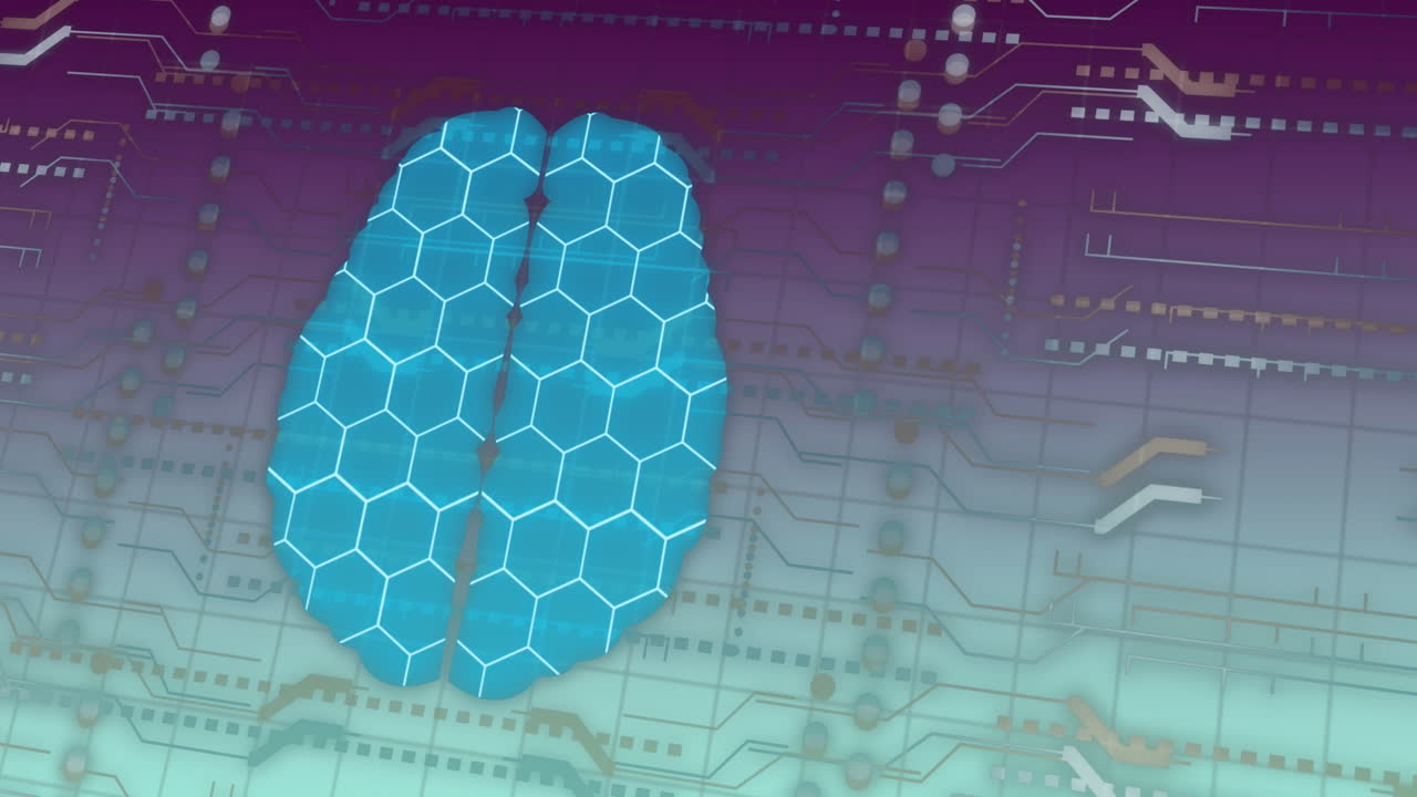 Animation of human brain, connections and data processing over circuit board