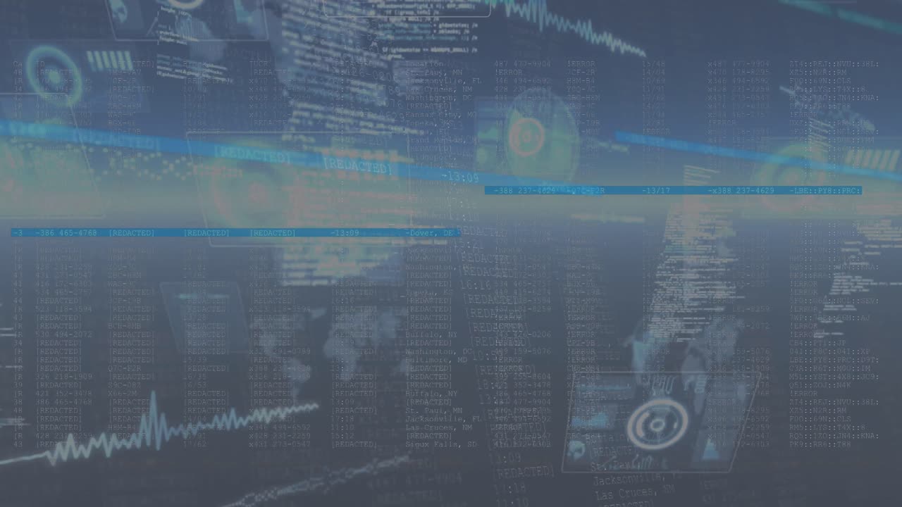 animación de pantallas de interfaz brillantes con información, luz y texto moviéndose sobre un fondo oscuro